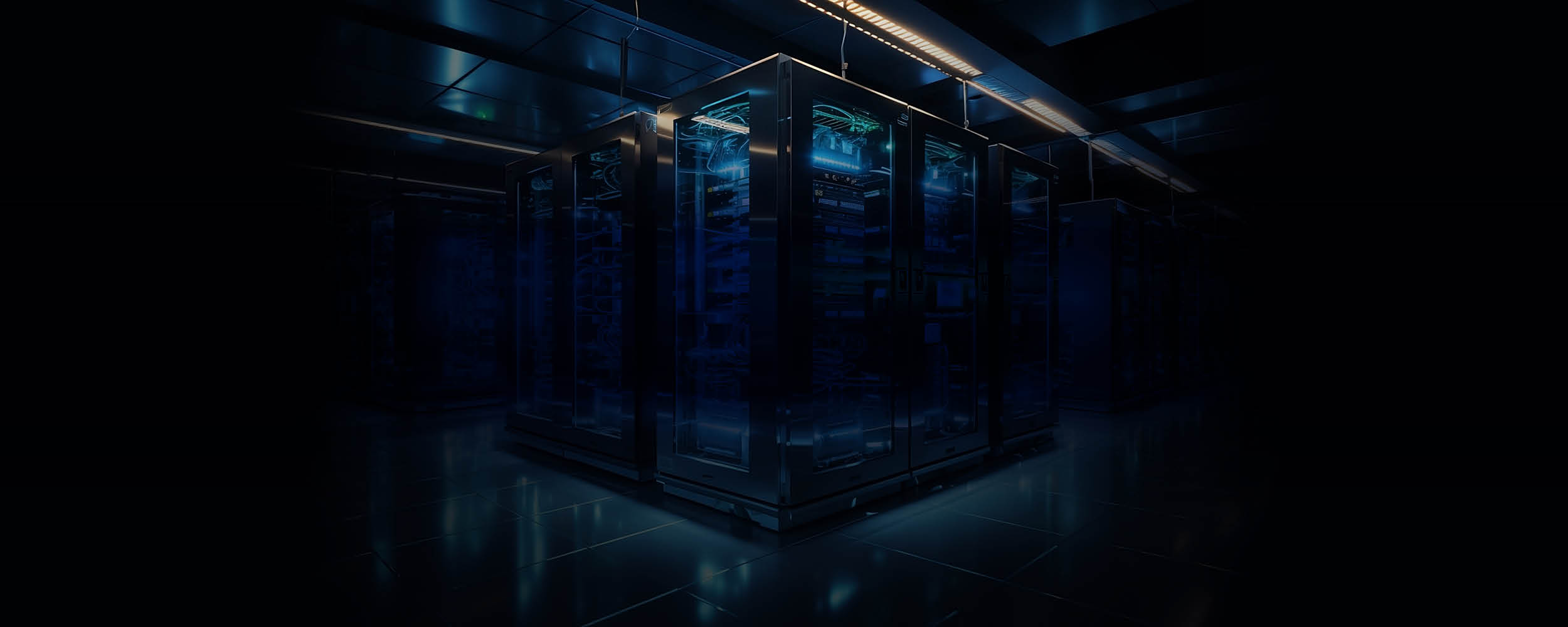 Blue data storage devices in a data centre.